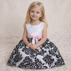 Girls White Satin Black Velvet Flock Pink Ribbon Dress With Petticoat Size 4